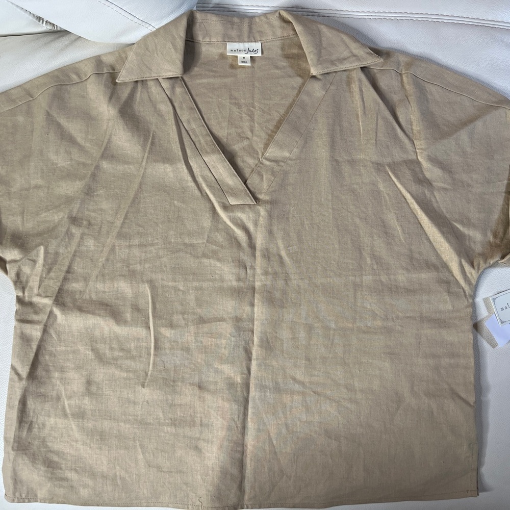 Maison Jules Tan Linen Blend V Neck Collared Top Size Medium NWT